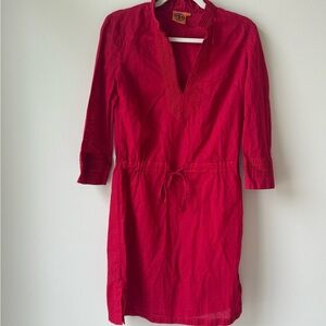 Tory Burch Red and Pink Pattern V-Neck Dress Drawstring Waist Size 4 Cotton